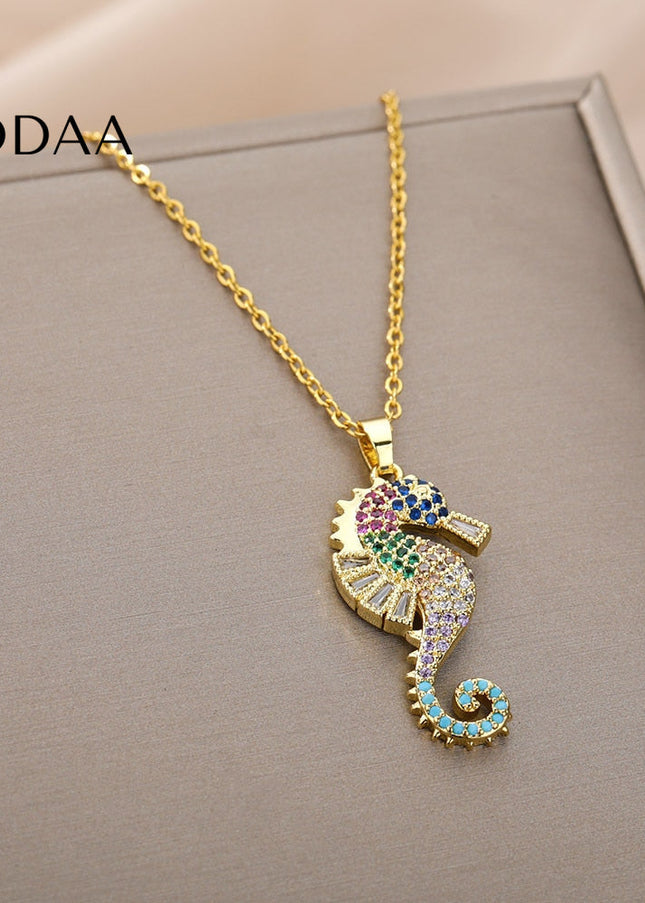 Marine Pendant Necklace | Gold Colorful Zirconia Sea Horse Chain - Gold - Necklaces