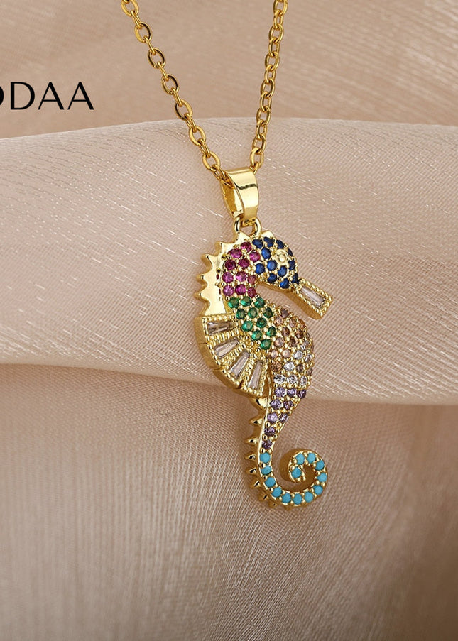 Marine Pendant Necklace | Gold Colorful Zirconia Sea Horse Chain - Gold - Necklaces