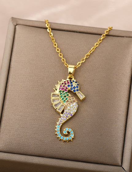 Marine Pendant Necklace | Gold Colorful Zirconia Sea Horse Chain - Gold - Necklaces