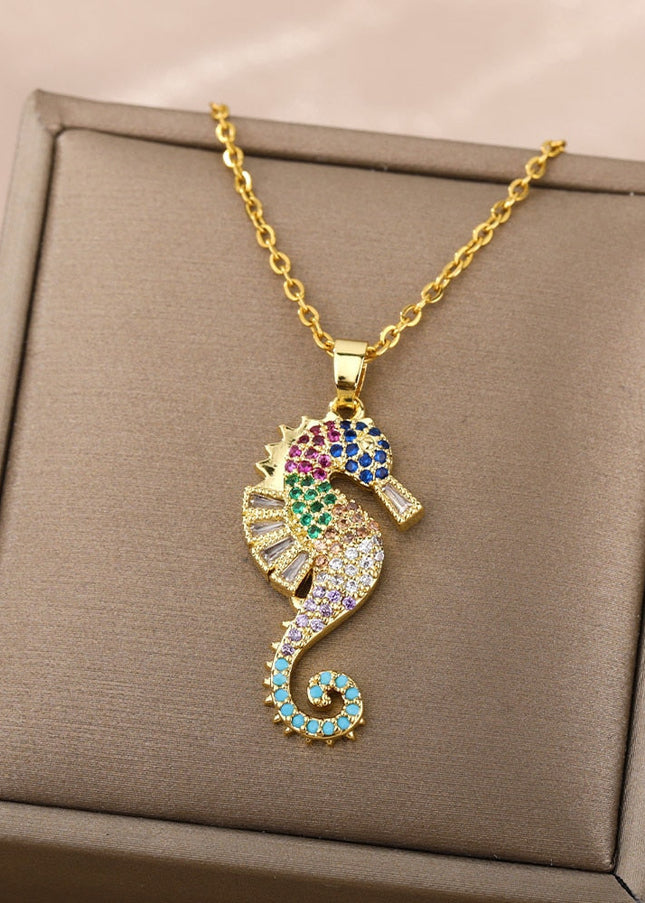 Marine Pendant Necklace | Gold Colorful Zirconia Sea Horse Chain - Gold - Necklaces