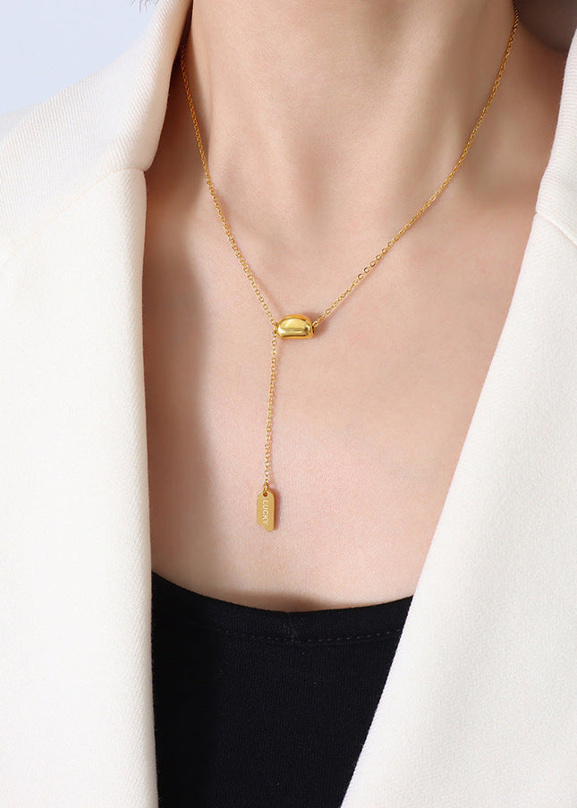 Marka French ins style design necklace steel plated 18k gold small gold bean tassel lucky long card pendant ornament