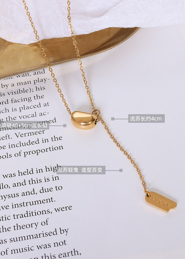 Marka French ins style design necklace steel plated 18k gold small gold bean tassel lucky long card pendant ornament