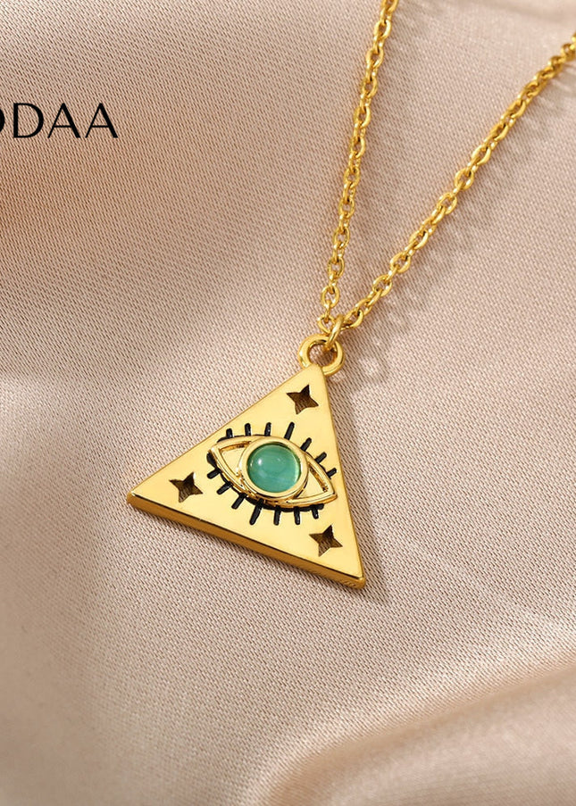 Marre Pendant Necklace | Gold Triangle Green Eye Chain - Necklaces
