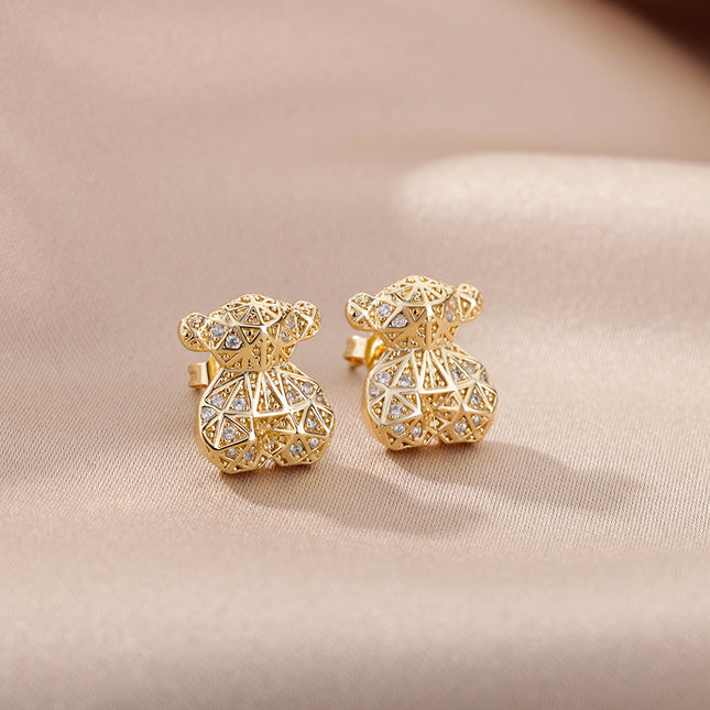 SOUVOIR 14K Gold Plated, Zirconia Earrings Matilda Earrings | Gold 3D Bear Zirconia Stud Earrings