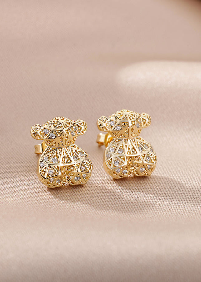 SOUVOIR 14K Gold Plated, Zirconia Earrings Matilda Earrings | Gold 3D Bear Zirconia Stud Earrings