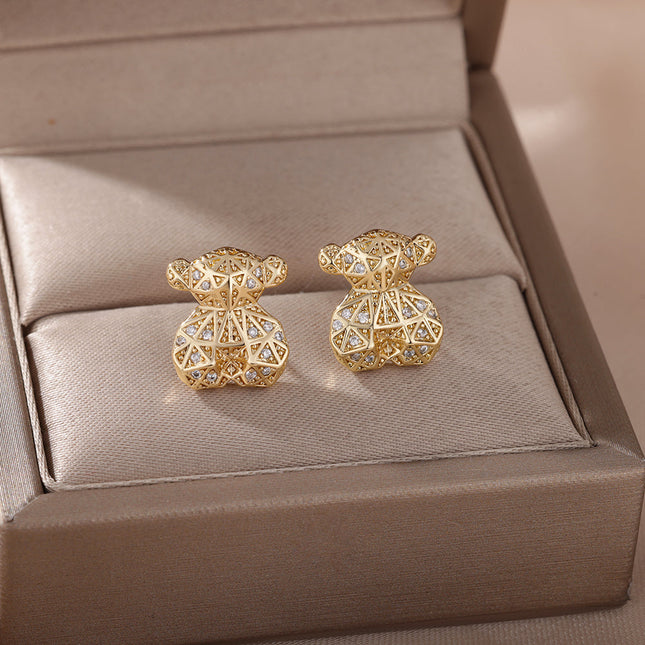 SOUVOIR Gold 14K Gold Plated, Zirconia Earrings Matilda Earrings | Gold 3D Bear Zirconia Stud Earrings