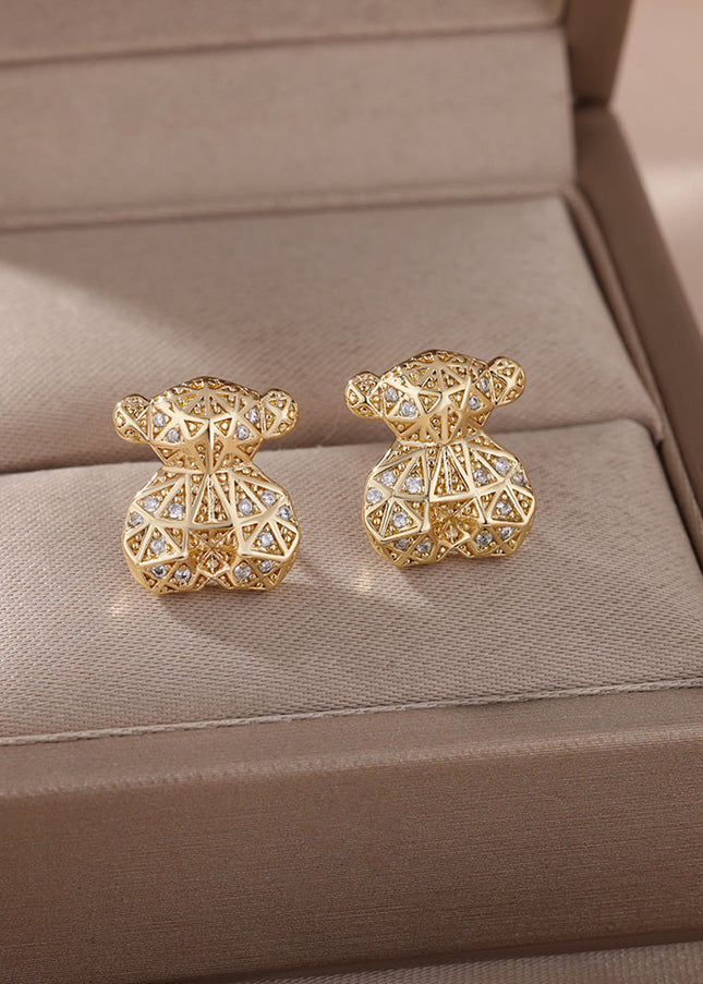 SOUVOIR Gold 14K Gold Plated, Zirconia Earrings Matilda Earrings | Gold 3D Bear Zirconia Stud Earrings