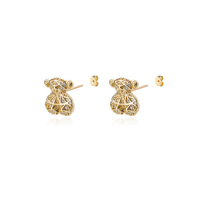 SOUVOIR 14K Gold Plated, Zirconia Earrings Matilda Earrings | Gold 3D Bear Zirconia Stud Earrings