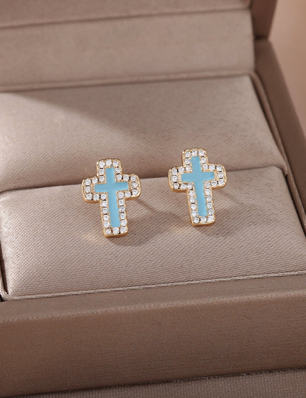 SOUVOIR Blue 14K Gold Plated, Zirconia Earrings Medelin Earrings | Gold White Cross Zirconia Stud Earrings