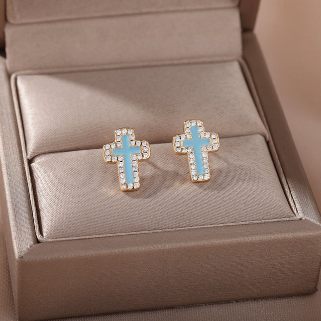 SOUVOIR Blue 14K Gold Plated, Zirconia Earrings Medelin Earrings | Gold White Cross Zirconia Stud Earrings