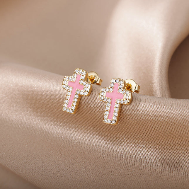SOUVOIR 14K Gold Plated, Zirconia Earrings Medelin Earrings | Gold White Cross Zirconia Stud Earrings