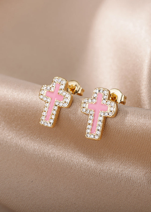 SOUVOIR 14K Gold Plated, Zirconia Earrings Medelin Earrings | Gold White Cross Zirconia Stud Earrings