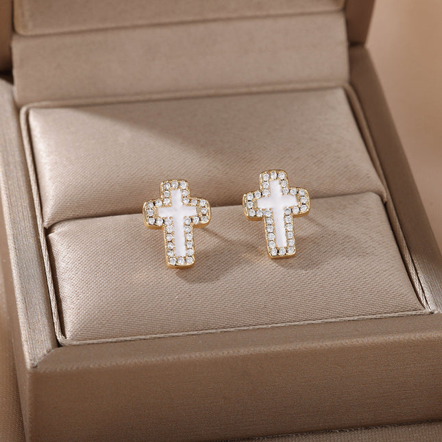 SOUVOIR White 14K Gold Plated, Zirconia Earrings Medelin Earrings | Gold White Cross Zirconia Stud Earrings