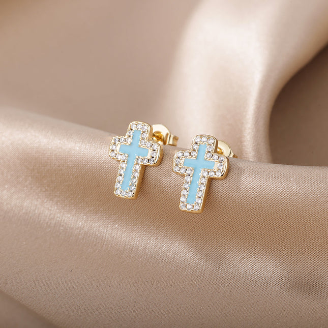 SOUVOIR 14K Gold Plated, Zirconia Earrings Medelin Earrings | Gold White Cross Zirconia Stud Earrings