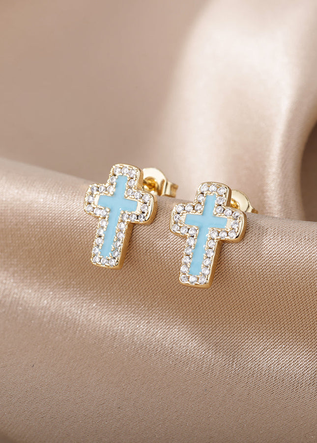 SOUVOIR 14K Gold Plated, Zirconia Earrings Medelin Earrings | Gold White Cross Zirconia Stud Earrings