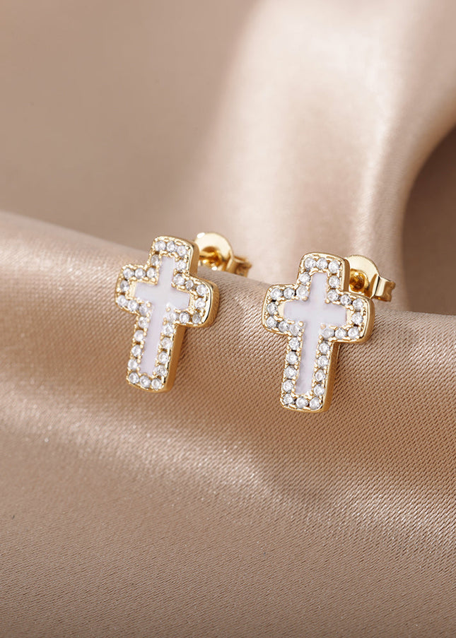 SOUVOIR 14K Gold Plated, Zirconia Earrings Medelin Earrings | Gold White Cross Zirconia Stud Earrings