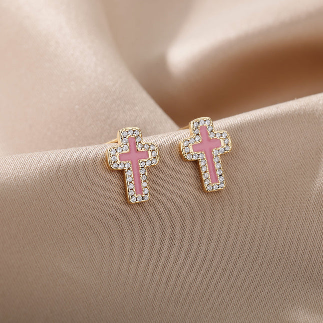 SOUVOIR 14K Gold Plated, Zirconia Earrings Medelin Earrings | Gold White Cross Zirconia Stud Earrings