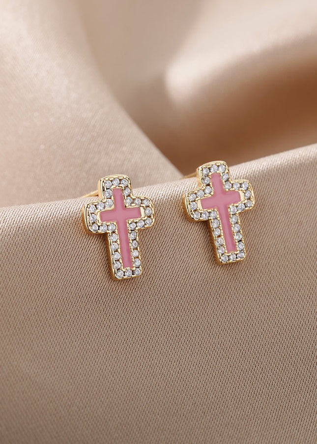 SOUVOIR 14K Gold Plated, Zirconia Earrings Medelin Earrings | Gold White Cross Zirconia Stud Earrings