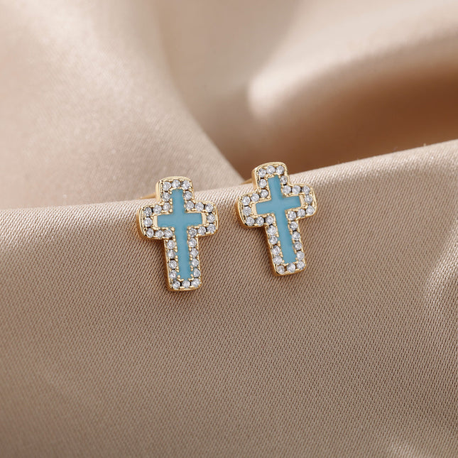 SOUVOIR 14K Gold Plated, Zirconia Earrings Medelin Earrings | Gold White Cross Zirconia Stud Earrings
