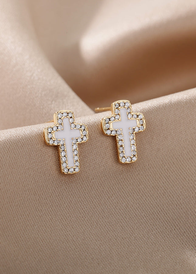 SOUVOIR 14K Gold Plated, Zirconia Earrings Medelin Earrings | Gold White Cross Zirconia Stud Earrings