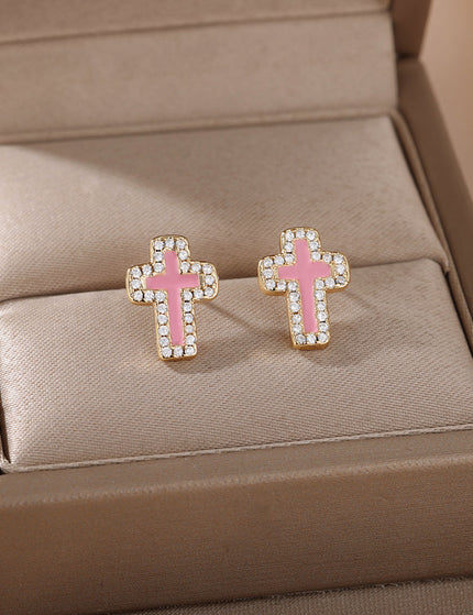 SOUVOIR Pink 14K Gold Plated, Zirconia Earrings Medelin Earrings | Gold White Cross Zirconia Stud Earrings