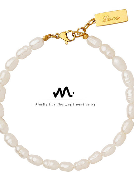 French ins titanium steel plated 18K gold English letter square pendant antique temperament freshwater pearl bracelet bracelet