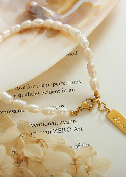 French ins titanium steel plated 18K gold English letter square pendant antique temperament freshwater pearl bracelet bracelet