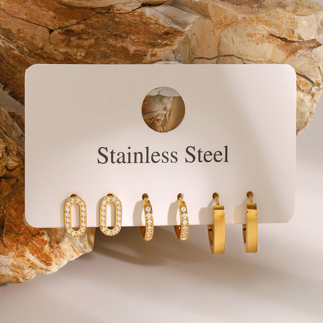 Jieding European and American three pairs of stainless steel circle rhinestone earrings premium sense earrings titanium steel earrings cross-border earring