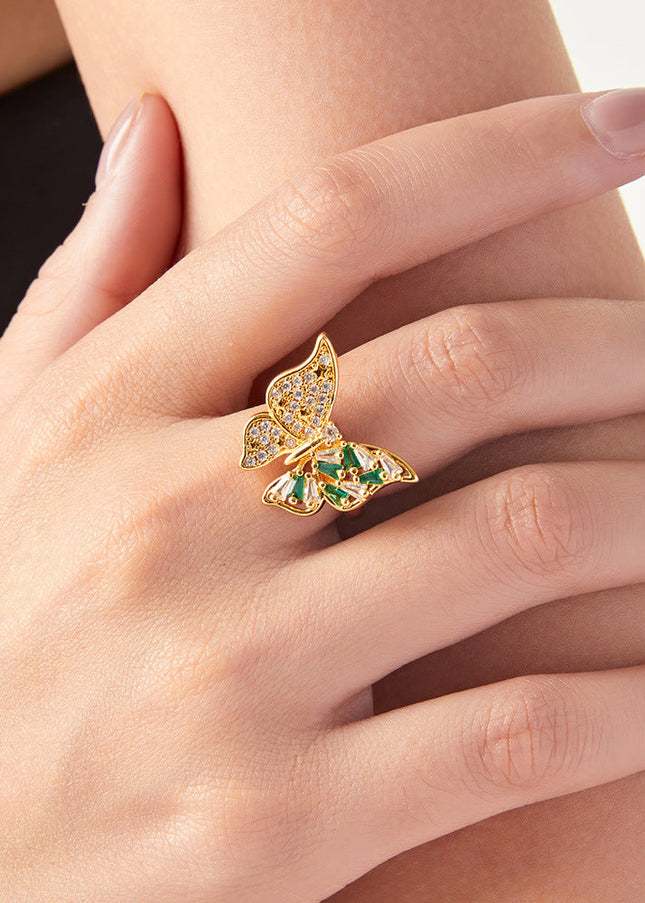 Korean personality simple and elegant, light luxury ring, butterfly inlaid with colored glass, design sense copper open index finger ring