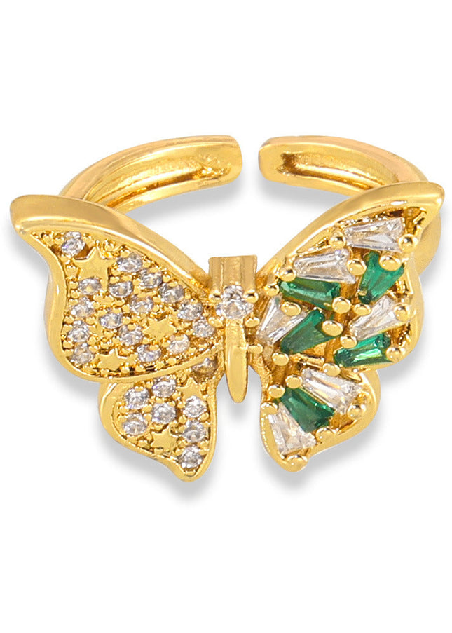 Korean personality simple and elegant, light luxury ring, butterfly inlaid with colored glass, design sense copper open index finger ring