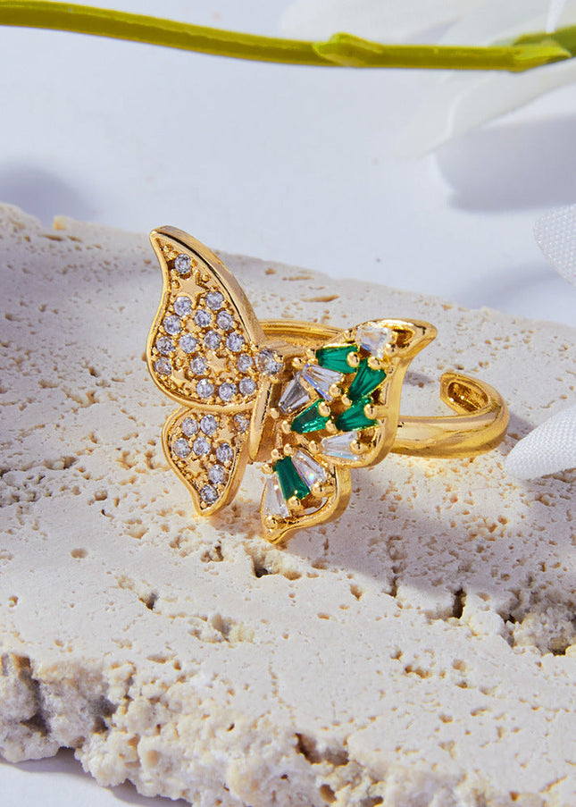 Korean personality simple and elegant, light luxury ring, butterfly inlaid with colored glass, design sense copper open index finger ring