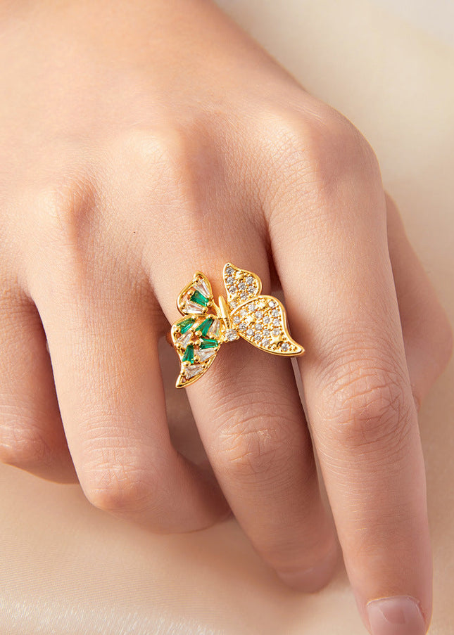 Korean personality simple and elegant, light luxury ring, butterfly inlaid with colored glass, design sense copper open index finger ring
