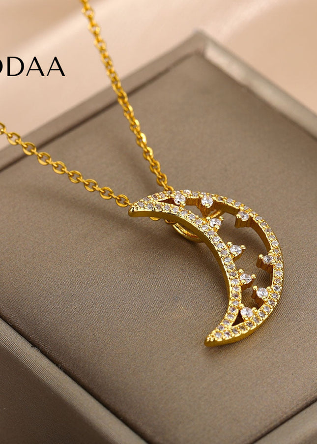 Midnight Pendant Necklace | Gold Half Moon Zirconia Chain - Gold - Necklaces