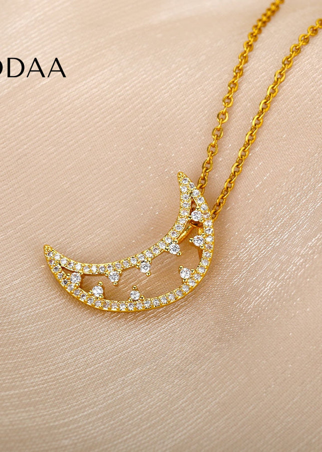 Midnight Pendant Necklace | Gold Half Moon Zirconia Chain - Gold - Necklaces