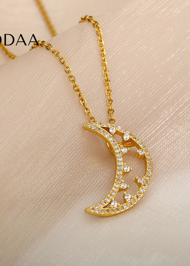 Midnight Pendant Necklace | Gold Half Moon Zirconia Chain - Gold - Necklaces