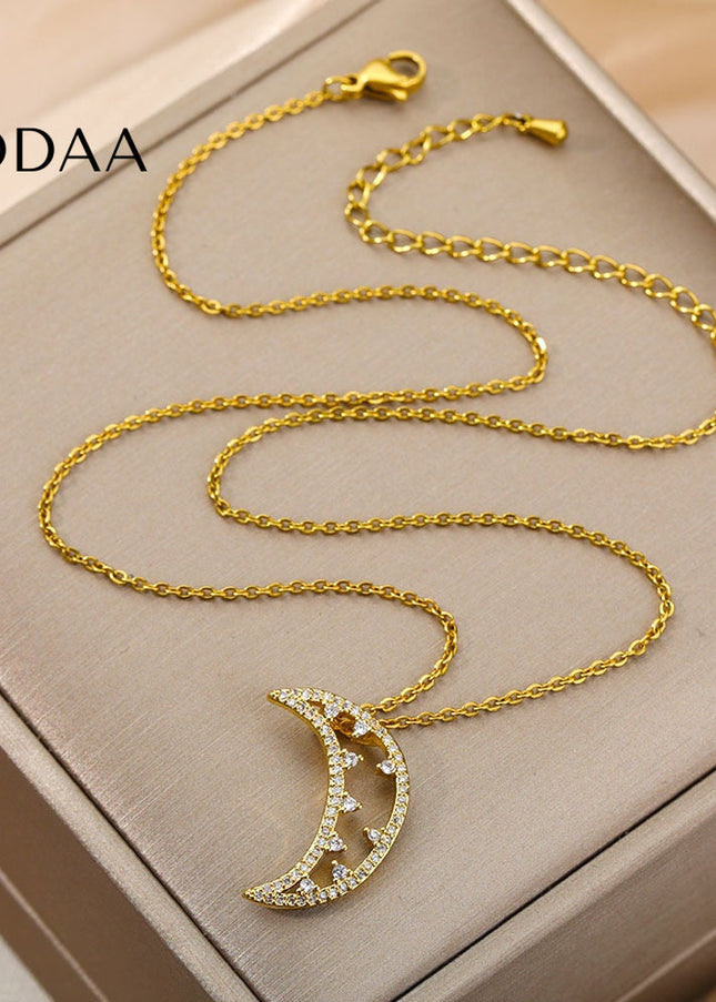Midnight Pendant Necklace | Gold Half Moon Zirconia Chain - Gold - Necklaces