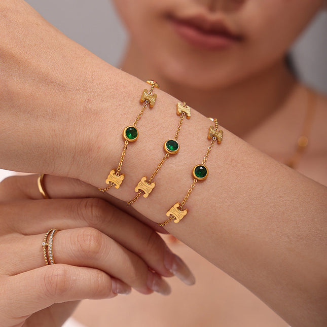 Mirili Double C mixed color stainless steel zircon necklace bracelet set PVD electroplating real gold color-preserving light luxury jewelry