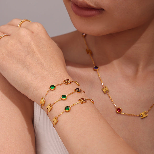 Mirili Double C mixed color stainless steel zircon necklace bracelet set PVD electroplating real gold color-preserving light luxury jewelry