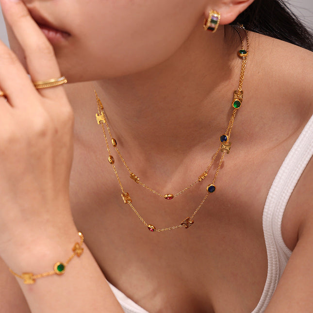 Mirili Double C mixed color stainless steel zircon necklace bracelet set PVD electroplating real gold color-preserving light luxury jewelry