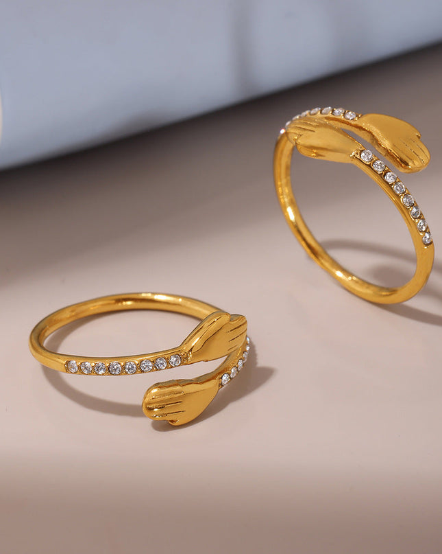 Mystery Liai's embrace zircon rings, European and American minimalist niche designs, open finger rings, stainless steel, real gold plated jewelry