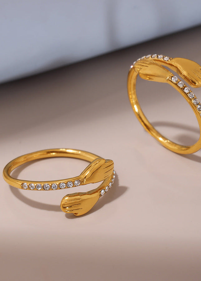 Mystery Liai's embrace zircon rings, European and American minimalist niche designs, open finger rings, stainless steel, real gold plated jewelry