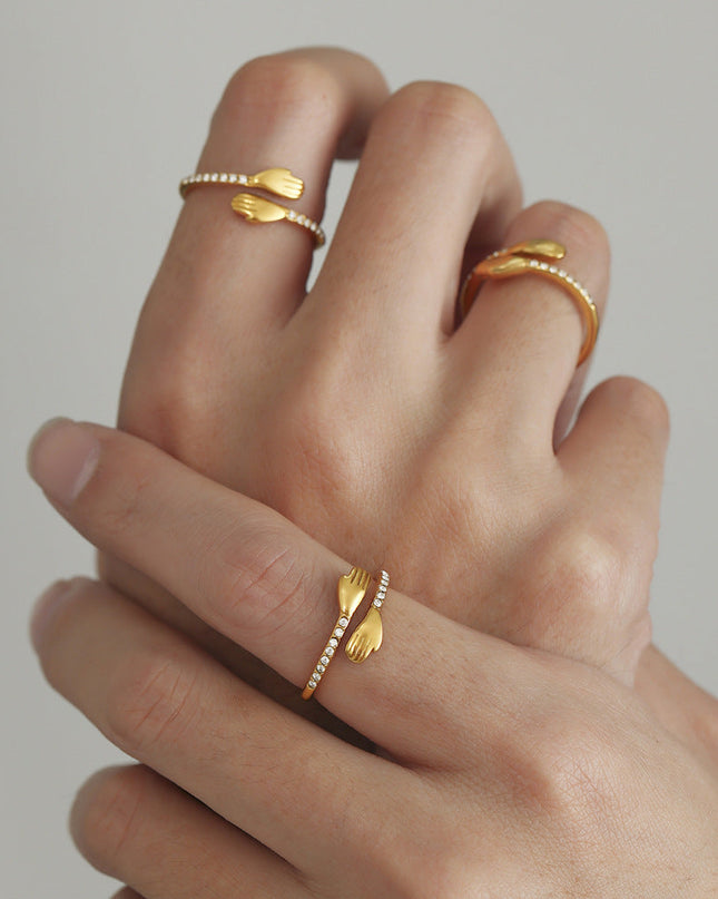 Mystery Liai's embrace zircon rings, European and American minimalist niche designs, open finger rings, stainless steel, real gold plated jewelry