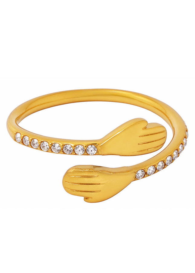 Mystery Liai's embrace zircon rings, European and American minimalist niche designs, open finger rings, stainless steel, real gold plated jewelry