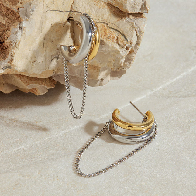 Jieding European and American stainless steel double c tassel earrings earrings design sense niche earrings 18k gold titanium steel jewelry cross-border