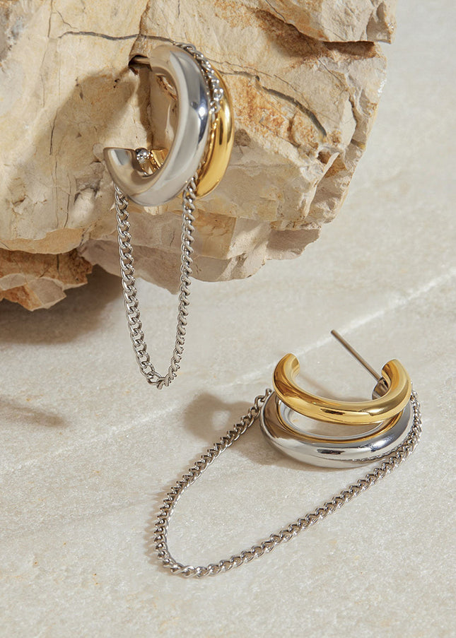 Jieding European and American stainless steel double c tassel earrings earrings design sense niche earrings 18k gold titanium steel jewelry cross-border