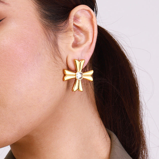 Jieding European and American titanium steel stud earrings, light luxury, high-end cross, zircon earrings, women's cross-border stainless steel jewelry