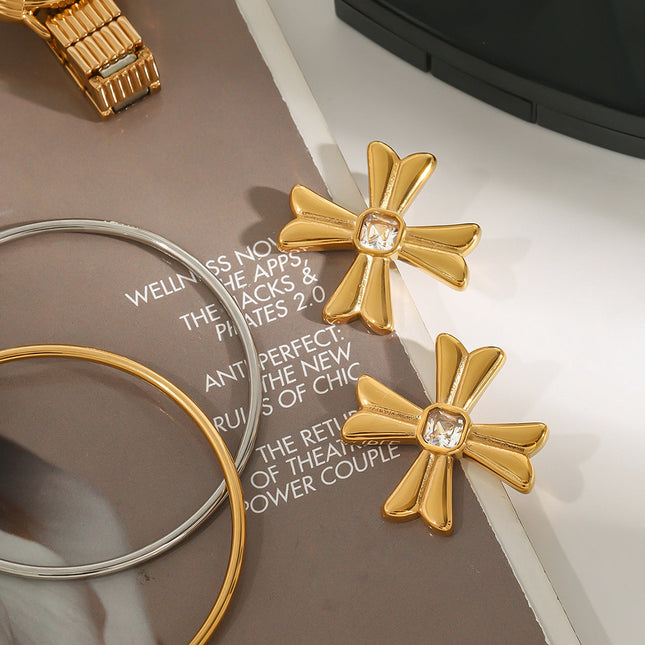 Jieding European and American titanium steel stud earrings, light luxury, high-end cross, zircon earrings, women's cross-border stainless steel jewelry