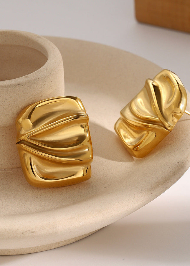 Premium 18k gold stainless steel rectangular pleated earrings women's ins unique niche design geometric titanium steel earrings