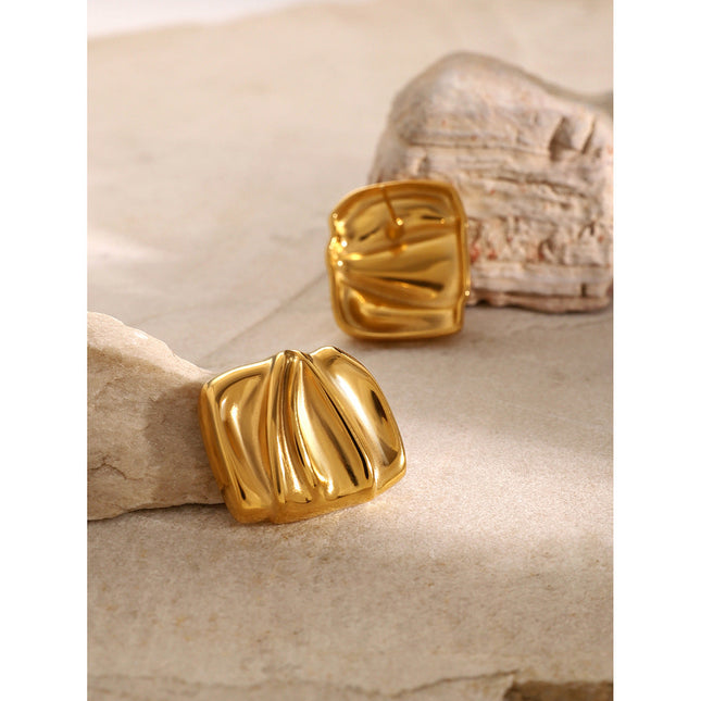 Premium 18k gold stainless steel rectangular pleated earrings women's ins unique niche design geometric titanium steel earrings