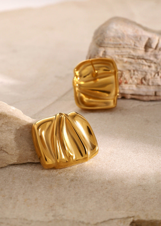 Premium 18k gold stainless steel rectangular pleated earrings women's ins unique niche design geometric titanium steel earrings